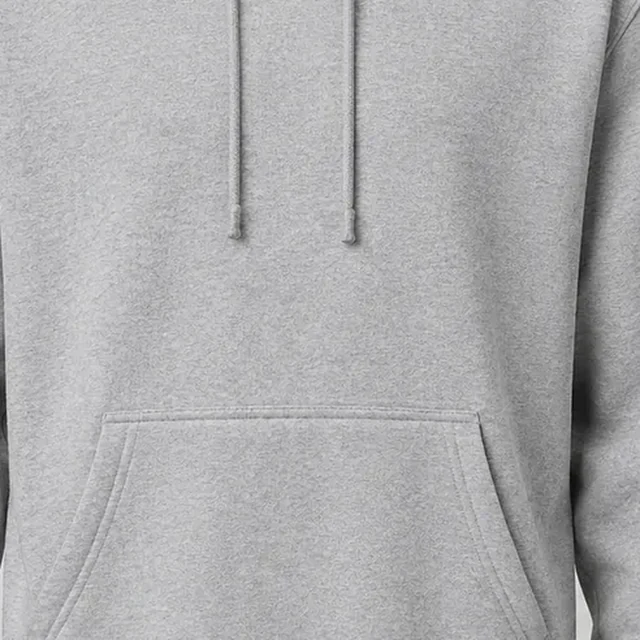 Heather gray hoodie enlarged until sleeves and hem fall outside the frame.