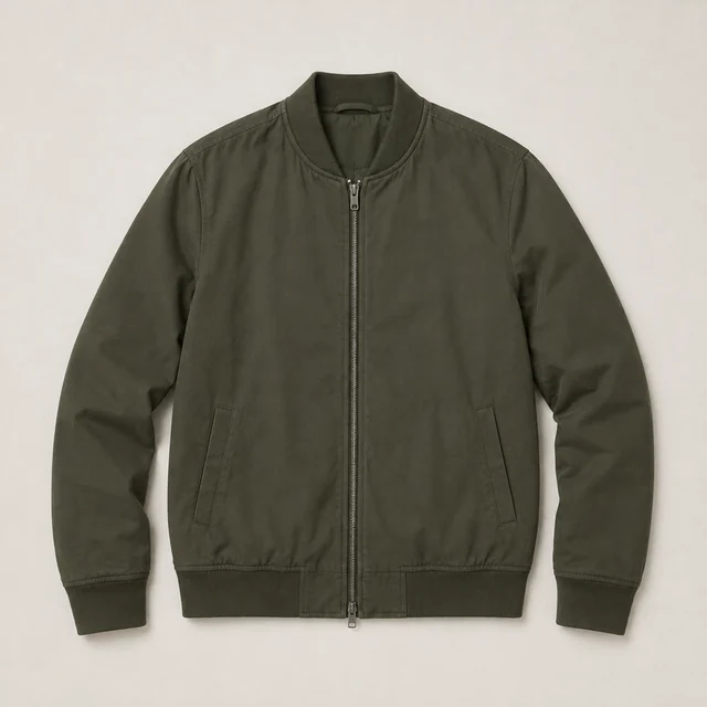 Olive bomber jacket laid flat with its collar, zipper, cuffs, and pockets visible.