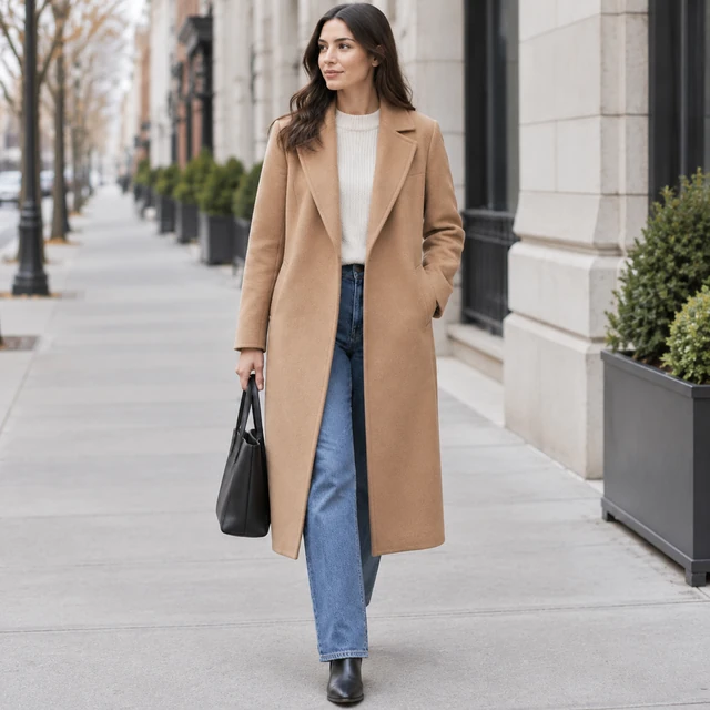 Adult woman wearing a camel wool coat on a city sidewalk in soft daylight.