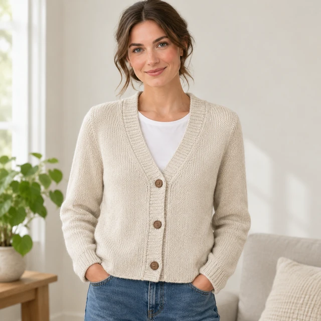 Adult woman wearing a cream knit cardigan with its button front and knit texture visible.