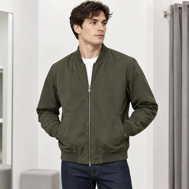 Adult model wearing a plain olive bomber jacket in a bright fitting-room studio, upper-thigh view.