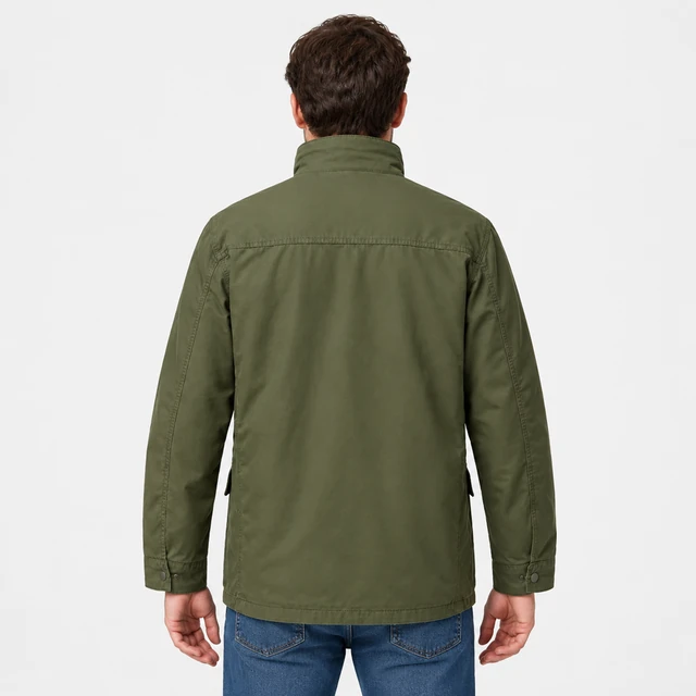 Adult model wearing the same plain olive field jacket from the back, showing its shoulders and hem.