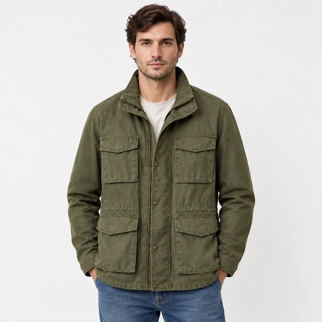 Adult model wearing the plain olive field jacket, front view, with the collar, zipper, cuffs, and pockets visible.