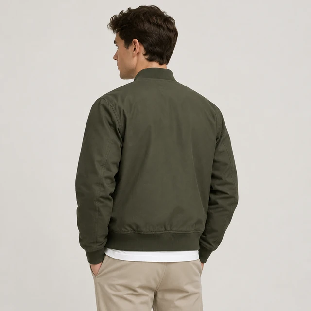 Adult model wearing the same plain olive bomber jacket from a rear three-quarter angle in a neutral studio.
