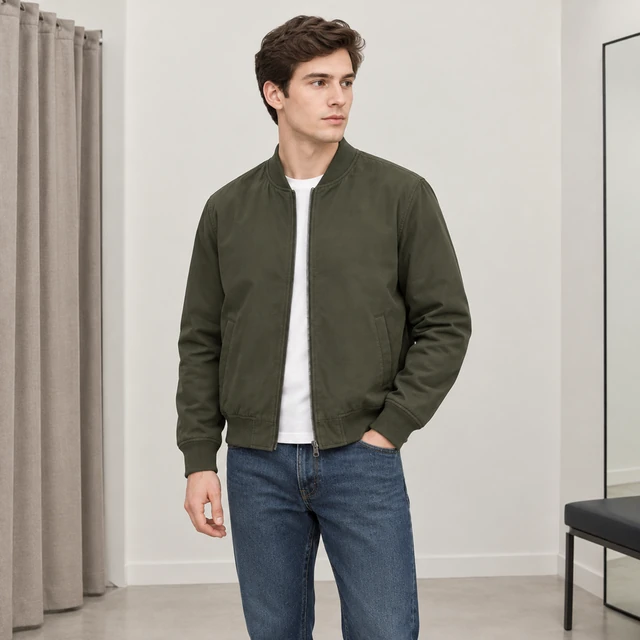 Adult model wearing a plain olive bomber jacket in a fitting-room studio, front three-quarter view.