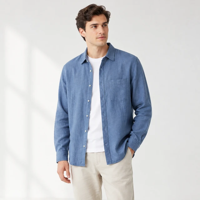 Adult model wearing a plain muted-blue linen overshirt over a white shirt in a bright studio.