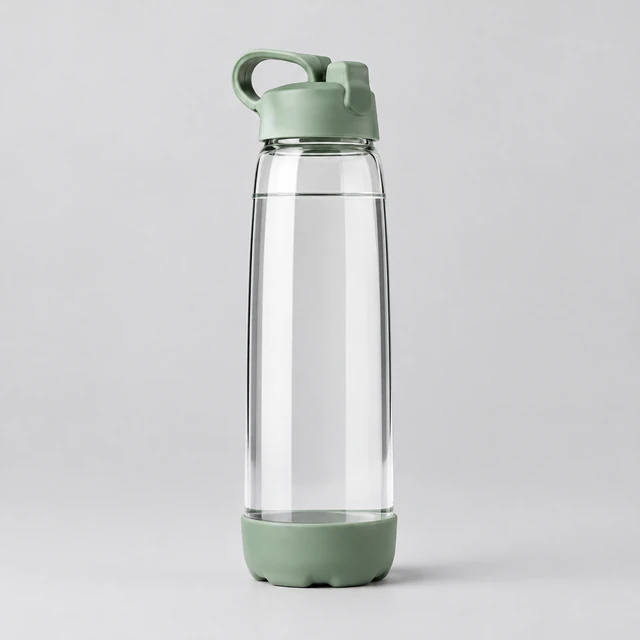 Clear reusable water bottle with a sage green lid alone on a neutral background, front view.