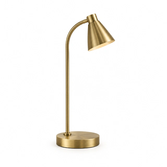Brass curved desk lamp shown alone on seamless white.