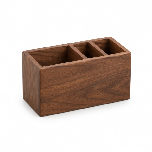 Walnut desk organizer shown with its full outline on seamless white.