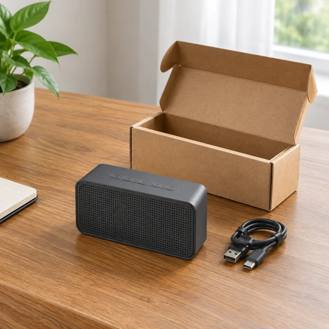 Plain compact rectangular speaker sits beside its open kraft box and cable.