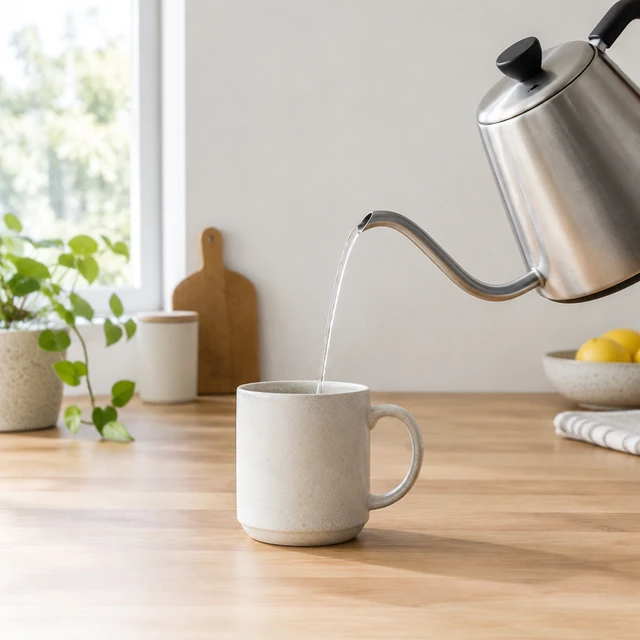 Plain matte gooseneck kettle pours a steady stream into a ceramic mug.