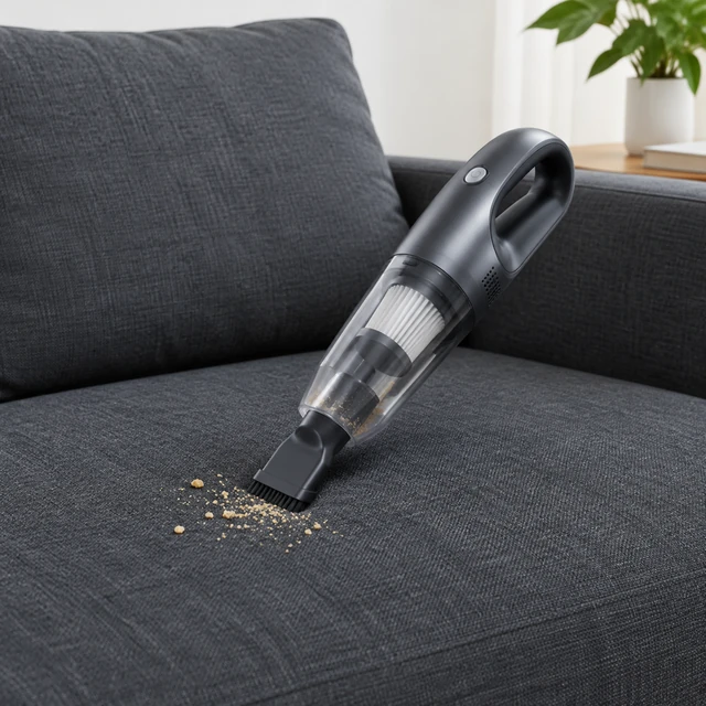 Cordless handheld vacuum lifts crumbs from a dark fabric sofa.