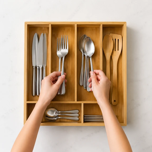 Top-down view of a divided drawer organizer being filled with cutlery.
