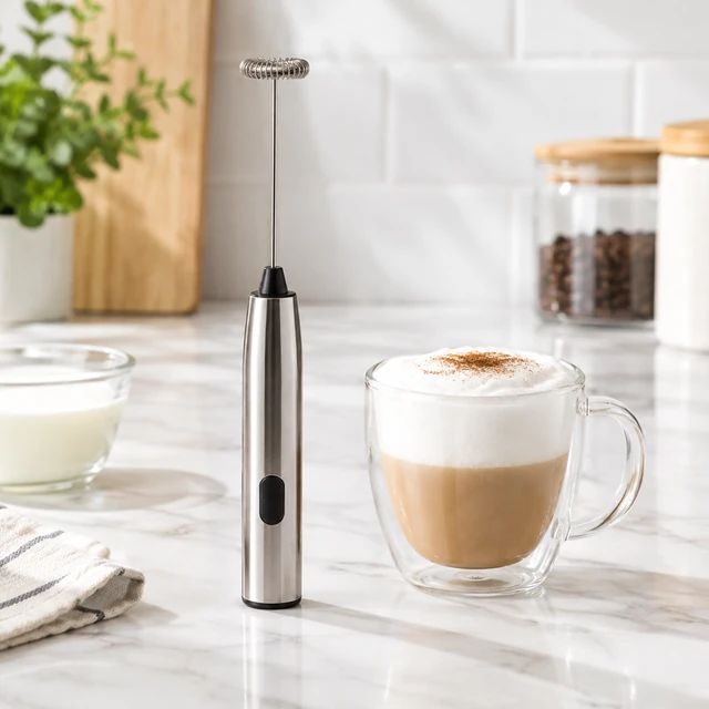 Plain handheld milk frother creating foam in a clear glass cup.