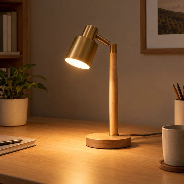 Simple desk lamp switched on, casting a warm pool of light on a dark desk.