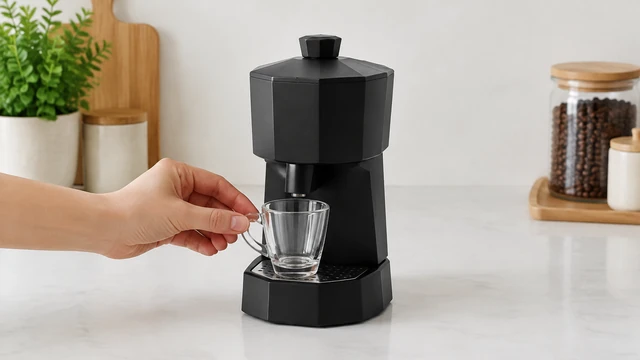 Hand places a small clear glass cup under a compact black espresso maker.