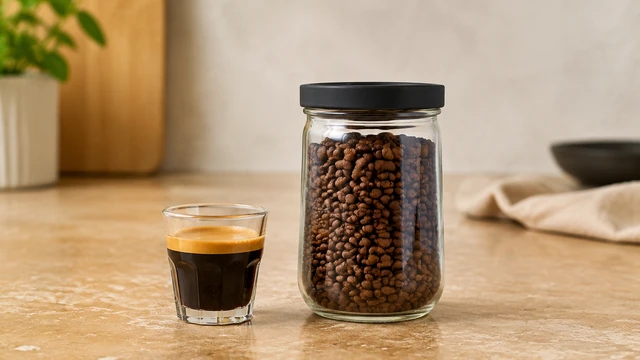 Fresh espresso in a small glass beside a plain jar of coffee beans.