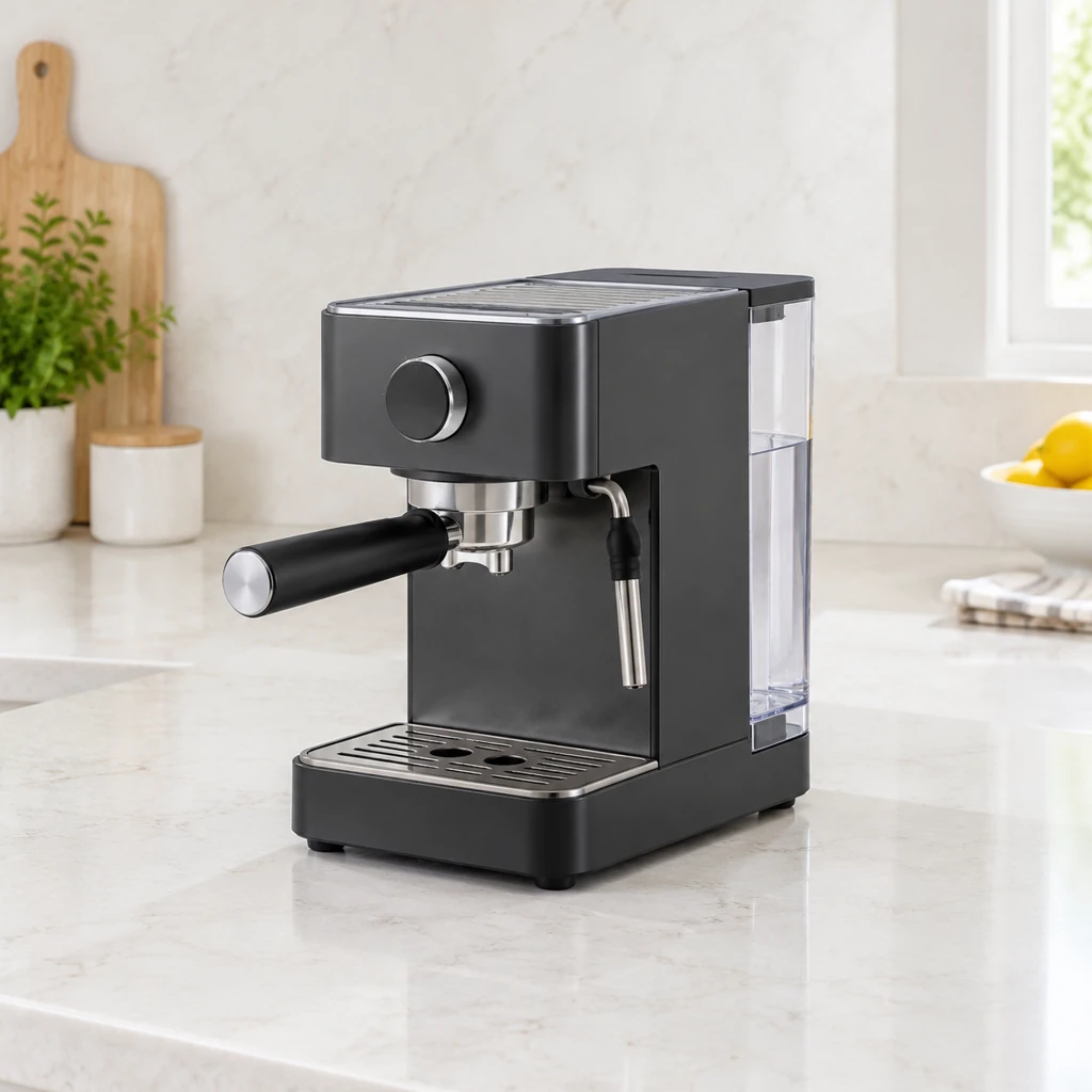 Compact geometric espresso machine with a clear water tank on a tidy kitchen counter.
