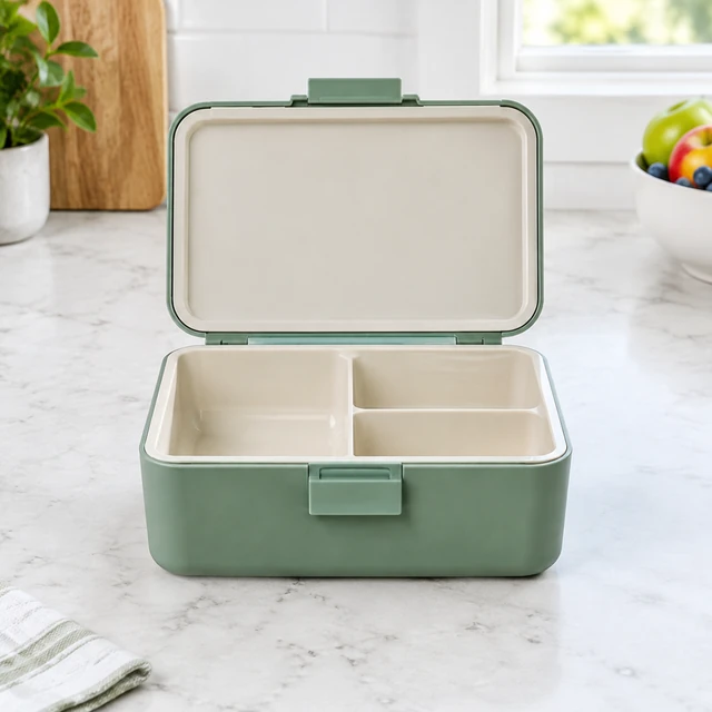 Plain lunch box open on a kitchen counter with the complete lid and latch visible.