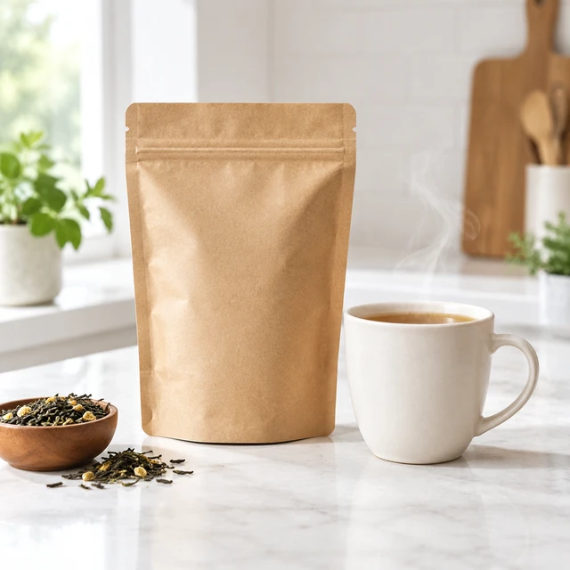 Blank loose-leaf tea pouch beside a steaming cup.