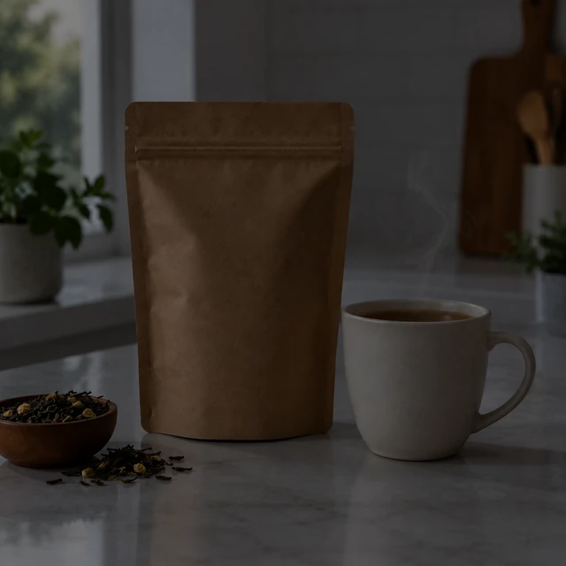 Tea pouch and cup in dim light, with their shapes still visible.