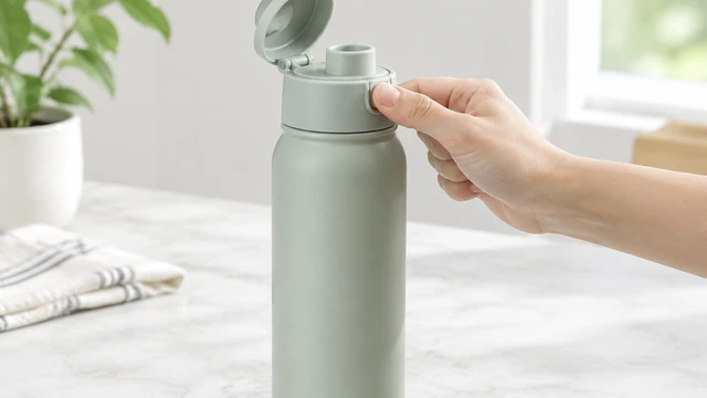 Thumb presses a plain flip-top bottle cap and opens it.