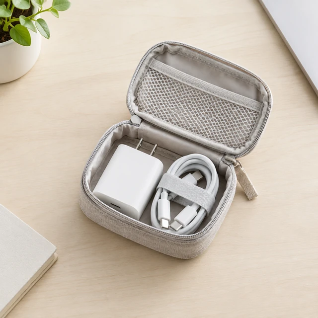 Plain compact charger and coiled cable packed inside a fabric travel pouch.