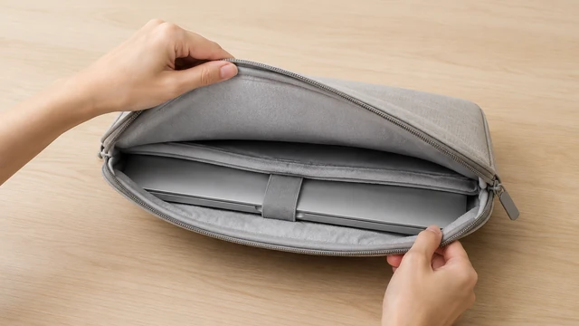 Hands open a padded laptop sleeve to show its plain interior.