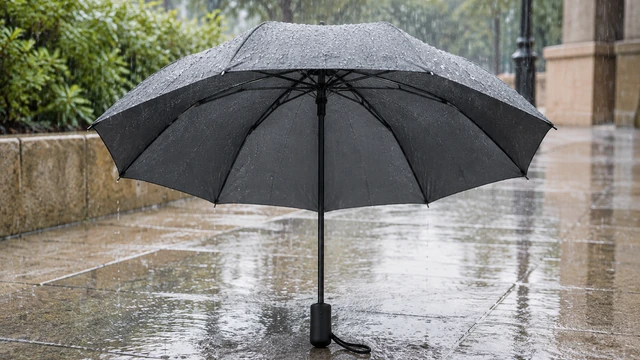 Compact plain umbrella opens fully on a rainy sidewalk.