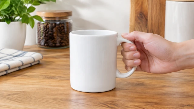 Hand lifts a plain white ceramic mug of coffee from a wooden counter.