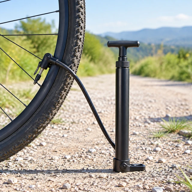 Compact generic bicycle tire pump attached to a wheel outdoors.