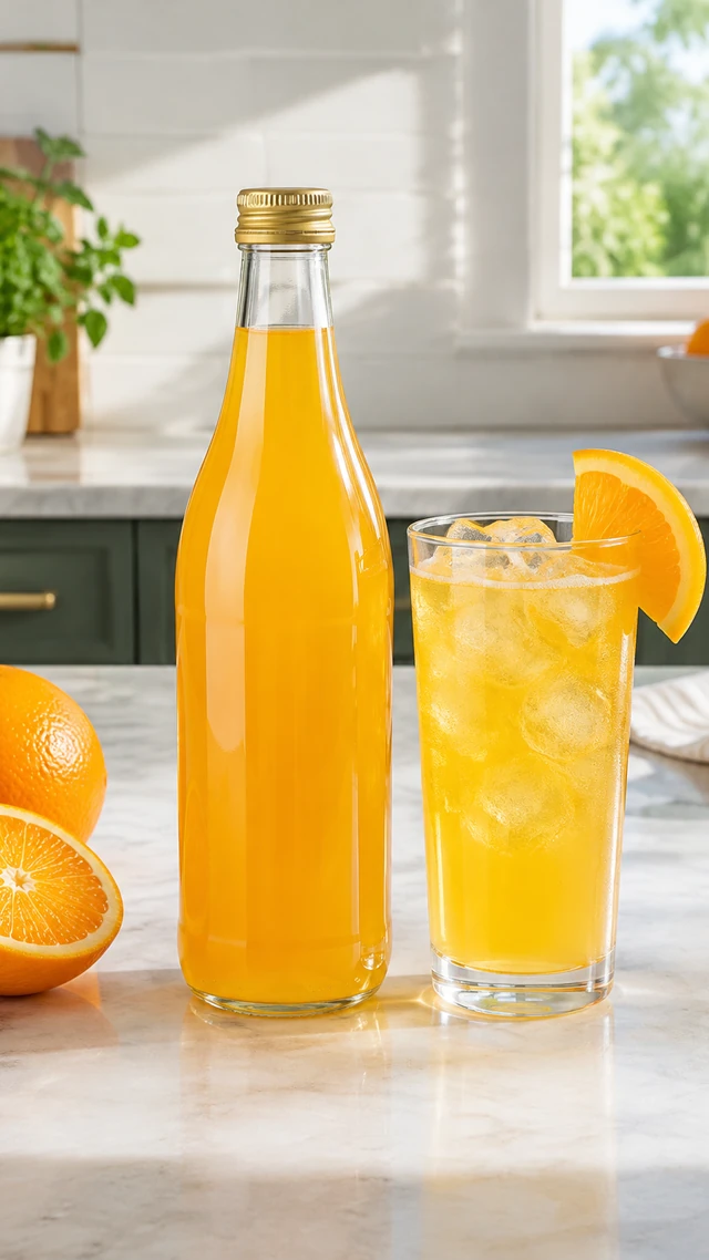 Plain glass bottle of golden citrus drink beside iced citrus water on a sunny counter.