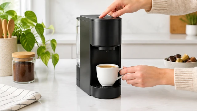 Hands demonstrate a compact unbranded coffee maker in a bright kitchen.
