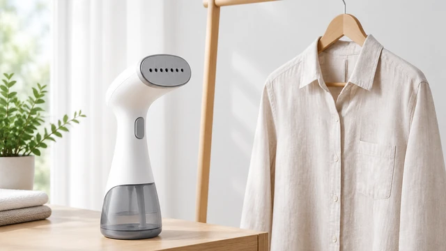 Plain handheld garment steamer beside a neutral linen shirt on a rail.