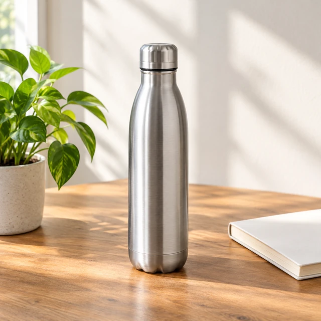 The brushed steel bottle stands on a sunny desk beside a closed notebook.