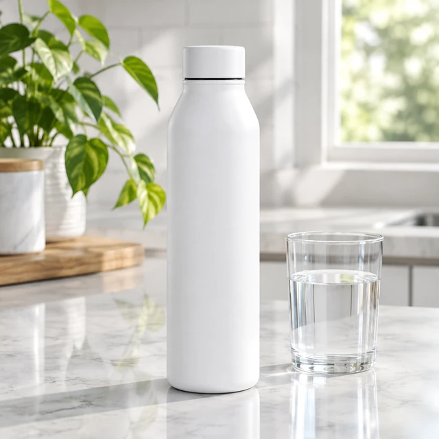 Plain brushed steel insulated bottle standing against a white background.