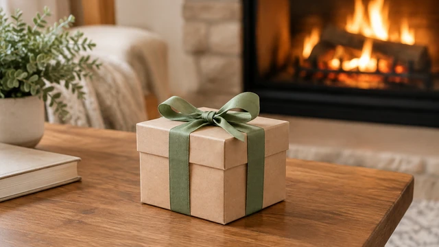 Blank wrapped gift box with a ribbon beside a warm fireplace.
