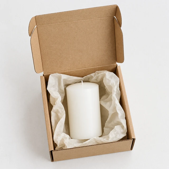 Open kraft mailer reveals a cylindrical candle wrapped in tissue.