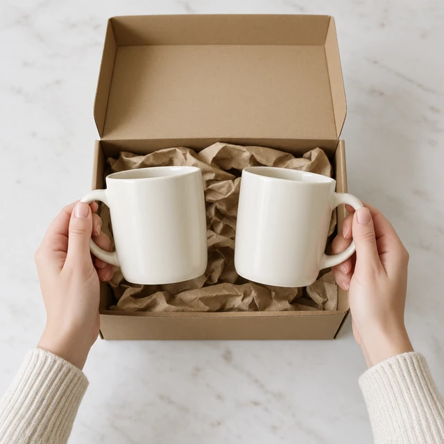 Hands lift a coordinated ceramic mug set from a gift box with paper filling.