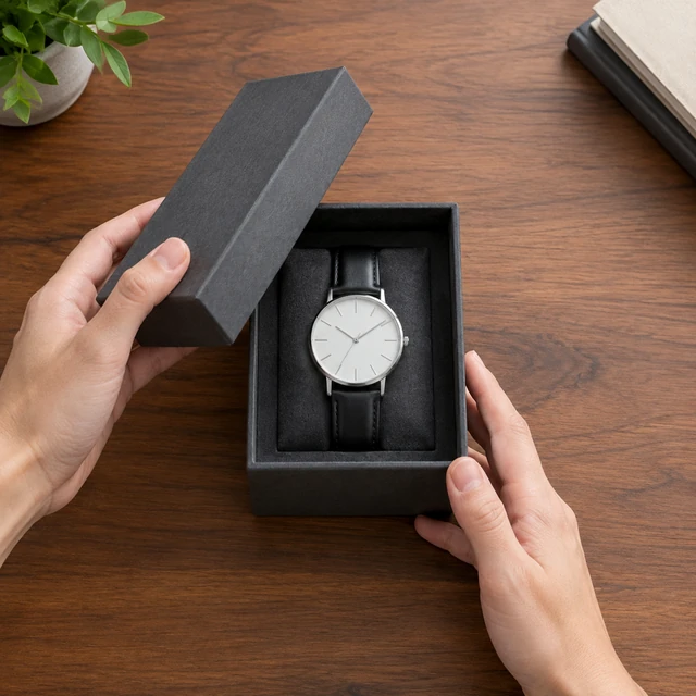 Simple round analog wristwatch in an open box on a walnut desk.