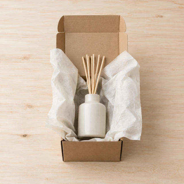 Open kraft mailer with tissue folded around a plain ceramic reed diffuser.