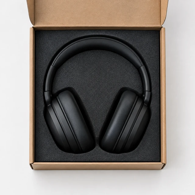 Over-ear headphones lifted from a fitted foam insert.