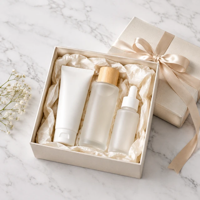 Ribbon gift box open with three skincare bottles inside.