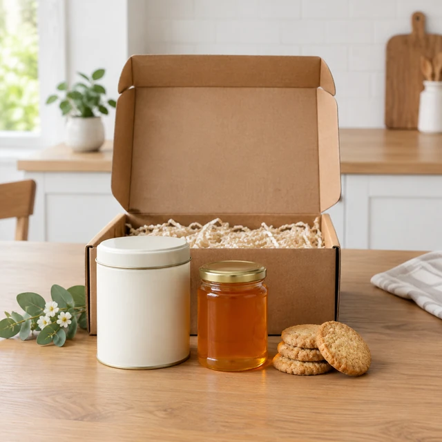 Subscription box with a tea tin, honey jar and biscuits arranged beside it.