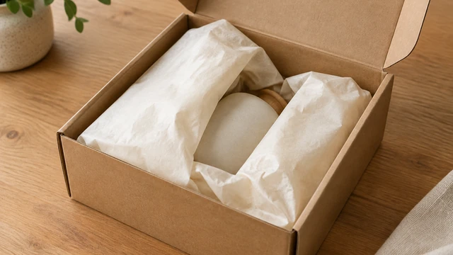 Open kraft box with pale tissue and a simple white home accessory partly revealed.