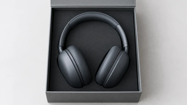 Plain over-ear headphones arranged inside an open gray box.