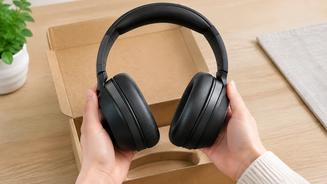 Hands hold plain over-ear headphones above an open box.