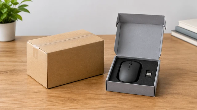 Cardboard shipping box beside an open gray product box on a wooden table.