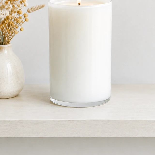 A plain candle jar with its upper edge cropped from a pale tabletop photograph.