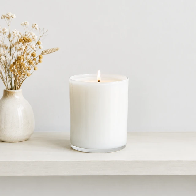 Full plain candle jar on a styled shelf with soft even light.